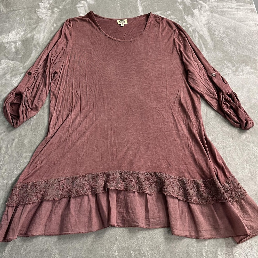 Catalog Classics Tunic Top XL Pink Lace Ruffle Hem 3/4 Roll Tab Sleeve Lagenlook